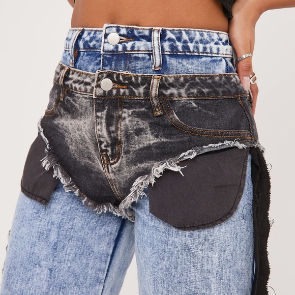 CHIC LAYERED CONTRAST FRAYED DETAIL JEANS - Picture 2 of 3